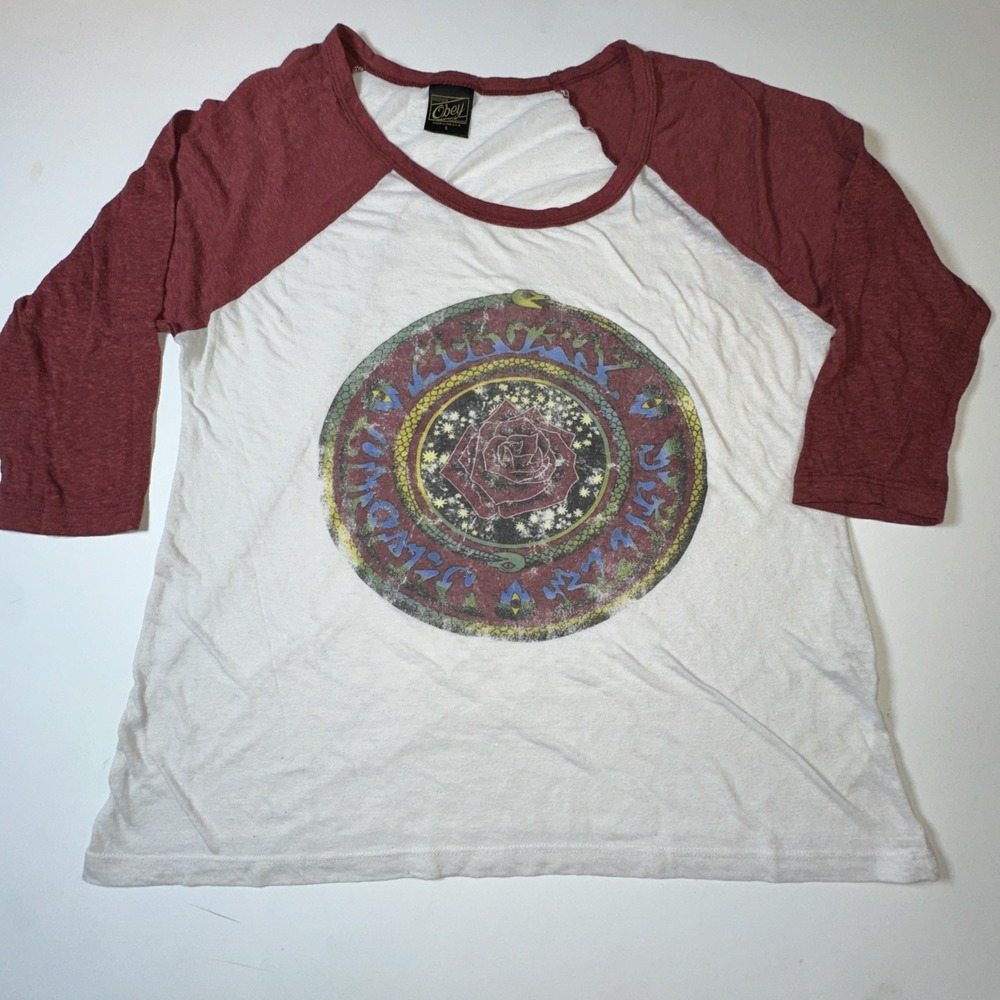 Vintage Obey Women's S 3/4 Sleeve Red White Floral Paper thin Boho Hippie Thrash